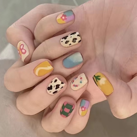 Acrylic Short Squoval Tip Pastel Summer Manicure Rainbow Nails Professional - Picture 4 of 6